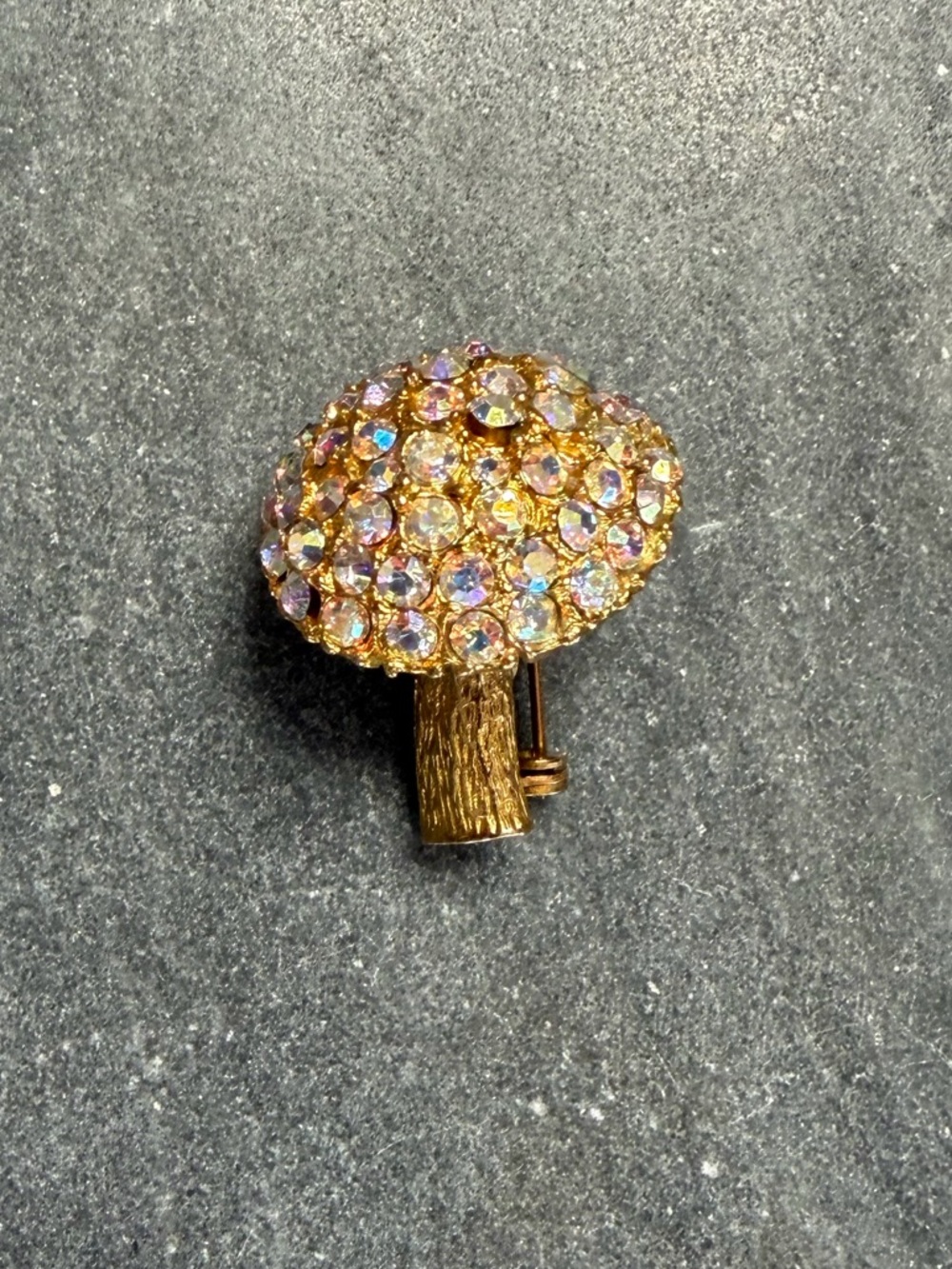 Vintage Gold Mushroom Brooch Aurora Borealis Crystal Pave Pin